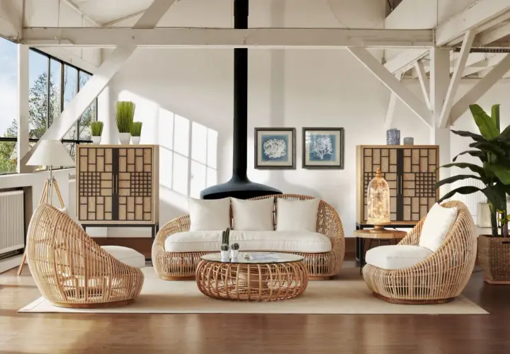Ambiance cosy avec cette idée déco salon rotin : fauteuils enveloppants, canapé, table basse et meubles de rangement en rotin naturel.