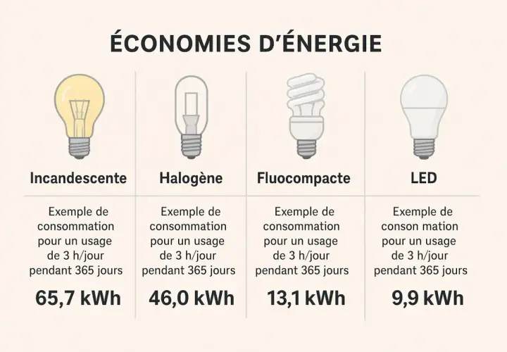 Comparaison de la consommation d'énergie des ampoules : l'ampoule LED est la plus économique, consommant seulement 9,9 kWh par an.