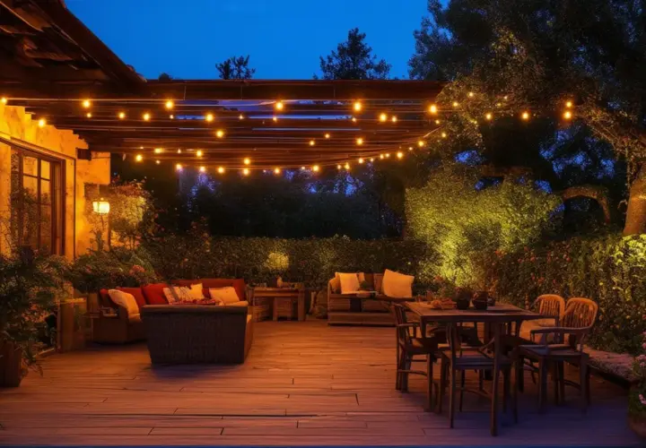Une terrasse de rêve illuminée par des guirlandes lumineuses. Une belle idée éclairage terrasse pour des soirées conviviales.