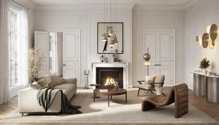 Un salon élégant à l'**intérieur art déco**, avec un canapé confortable, une cheminée chaleureuse et des luminaires design.