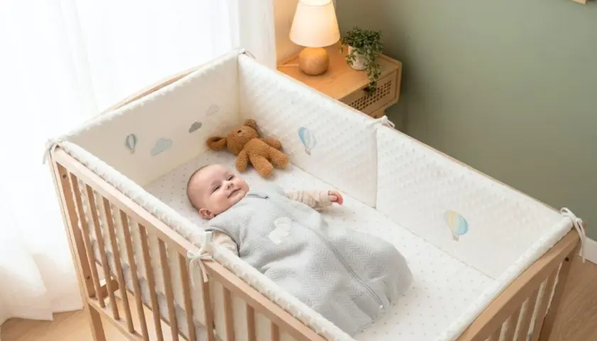 Un bébé souriant dans son lit, entouré d'un tour de lit orné de montgolfières. Un doudou ours est à ses côtés.