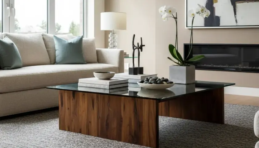 Une table basse en bois et verre, avec des livres, des galets et une orchidée, parfaite pour une inspiration déco moderne.