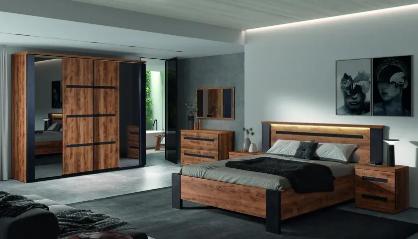 Une chambre moderne avec une armoire en bois et noir, un lit en bois et des tables de chevet assorties. Une belle idée chambre noir et bois pour un intérieur chic.