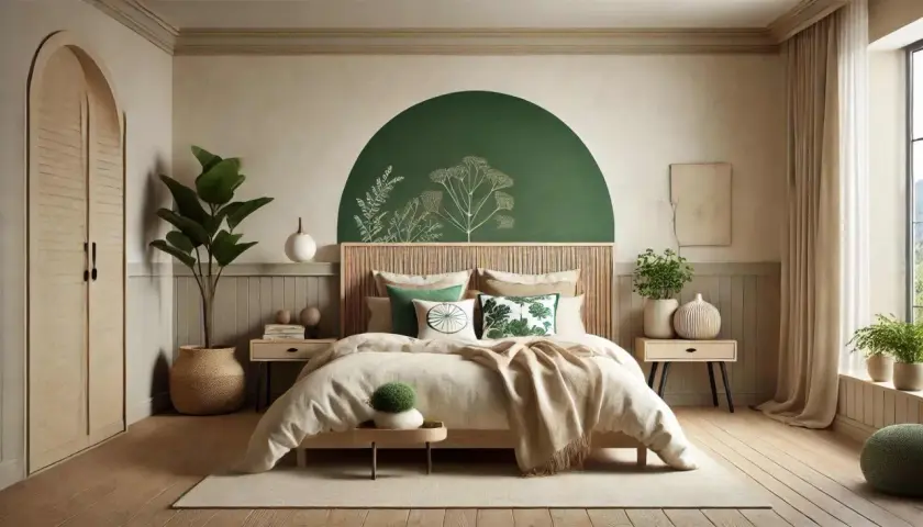 Une chambre parentale apaisante avec un mur vert orné de motifs végétaux. La décoration chambre parentale est complétée par des plantes et des coussins naturels.