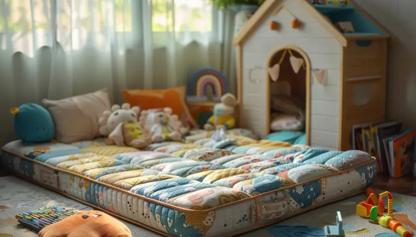 Un matelas au sol, entouré de jouets et de peluches, dans une chambre d'enfant. Idéal pour savoir quoi mettre sous un matelas au sol pour plus de confort.