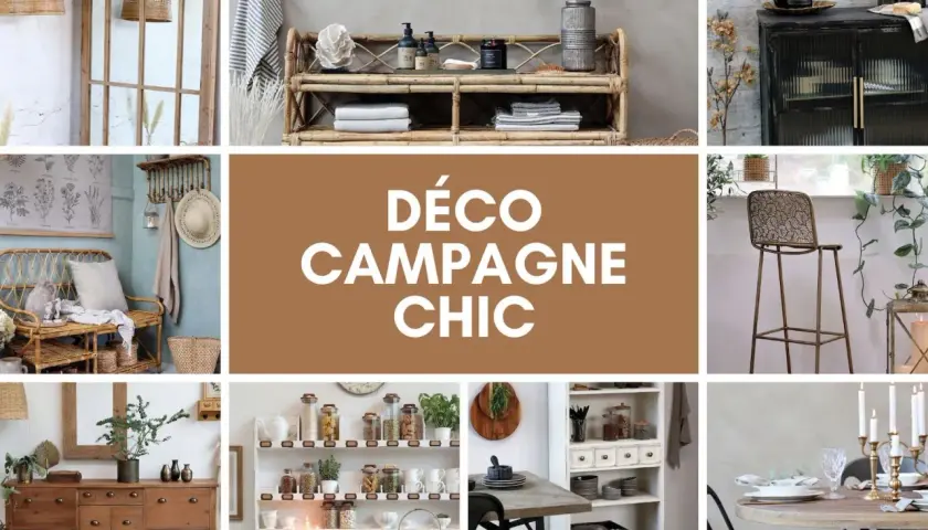 Ambiance **style rustique chic** avec des meubles en rotin, bois brut et métal. Décoration chaleureuse et naturelle.