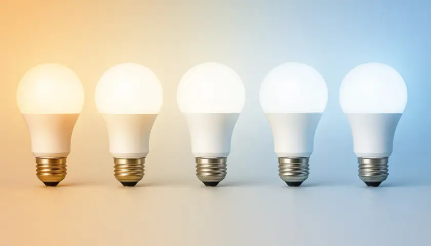 Cinq ampoules LED, de gauche à droite, passant d'une lumière chaude à une lumière froide. Qu'est-ce qu'une lampe ? C'est ce qui éclaire nos vies.