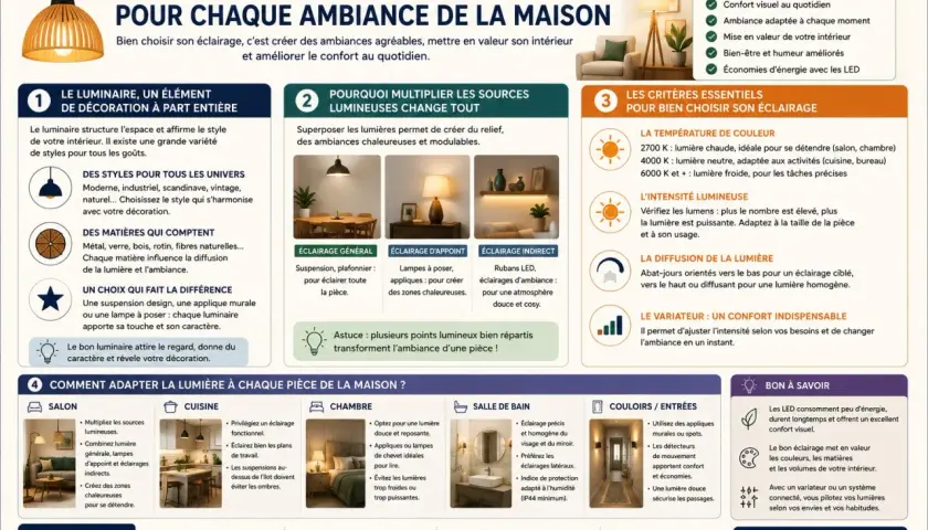 Guide pour un éclairage parfait : choisir le bon luminaire pour chaque pièce, en tenant compte de la température, de l'intensité et de la diffusion de la lumière.