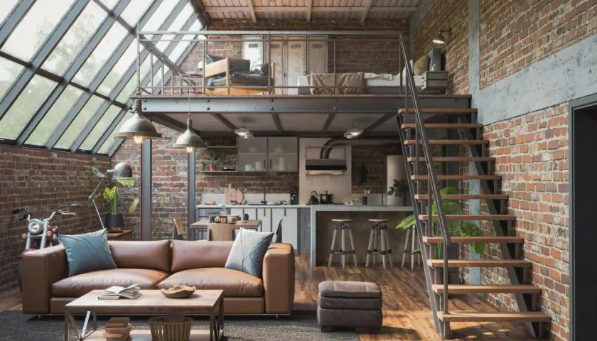 Un grand salon de style loft industriel avec des murs en briques apparentes, un canapé en cuir marron, une mezzanine avec un lit et une cuisine ouverte.