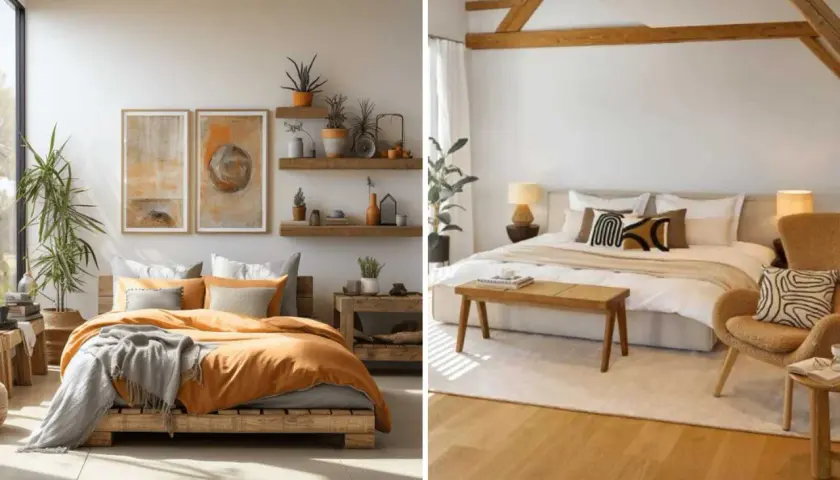 Ambiance cocooning chambre blanche et bois. Lits douillets, touches végétales et art mural pour un refuge paisible.
