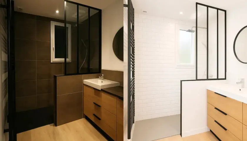 Salle de bain sombre avec douche à l'italienne, lavabo et meuble en bois. Le contraste entre les carreaux sombres et le blanc crée une ambiance moderne.