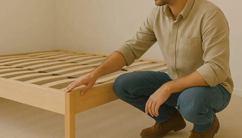 Un homme vérifie un grand lit en bois dans une petite chambre.