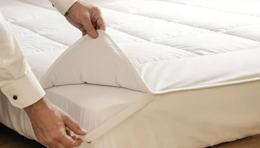 Un homme ajuste un surmatelas blanc sur un matelas. Il sert à améliorer le confort et la protection de votre literie.