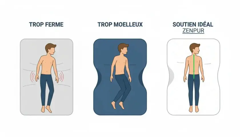 Illustration comparant le soutien d'un matelas trop ferme, trop moelleux, et le soutien idéal Zenpur, montrant l'alignement du corps selon le poids et la taille.