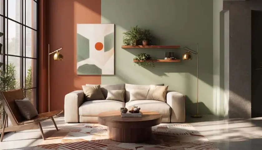 Salon moderne avec canapé clair, fauteuil en cuir, table basse en bois et mur bicolore, dont une partie est peinte en **couleur terracotta**.