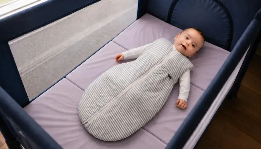Bébé souriant dans un lit parapluie, sur un matelas adapté. La taille du matelas lit parapluie est parfaite pour le confort de bébé.