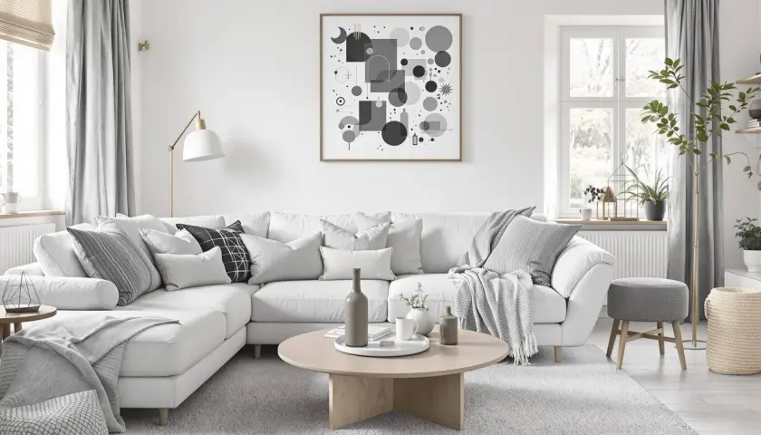 Un salon gris et beige invitant, parfait pour le cocooning. Un grand canapé blanc est orné de coussins douillets et d'un plaid. Une table basse en bois clair complète l'ensemble.