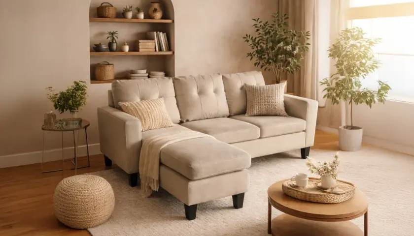 Canapé d'angle beige confortable, parfait pour un salon cosy. Ses dimensions sont idéales pour un espace 2 places.
