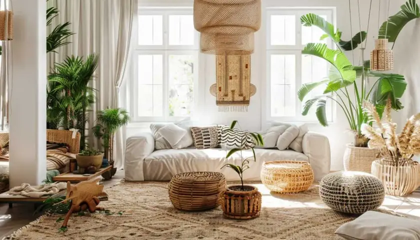 Salon lumineux avec canapé blanc, coussins ethniques, plantes luxuriantes et suspensions en rotin. Une belle idée déco nature pour un intérieur bohème et apaisant.