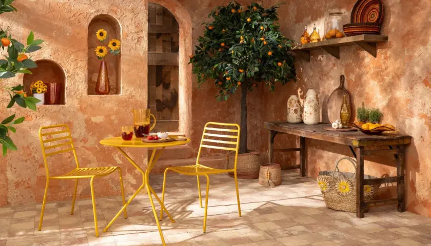Terrasse ensoleillée aux couleurs terracotta et jaune. Table et chaises jaunes, oranger, tournesols et vaisselle en verre.
