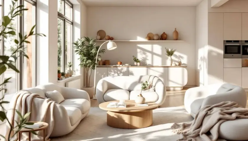 Un salon lumineux et aéré, baigné de soleil, avec des canapés blancs aux formes douces et une table basse en bois. L'ambiance est résolument style boho maison, avec des plantes vertes et des touches de terre cuite.