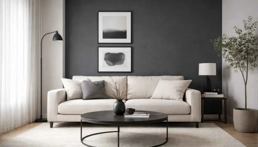 Un salon moderne avec un canapé crème, des coussins gris et une table basse noire. Le mur gris foncé met en valeur des tableaux abstraits. Quelle couleur avec le gris dans une chambre ? Le crème et le noir apportent une touche d'élégance.