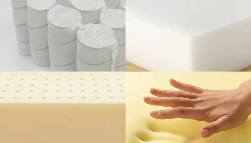 Comparaison de matériaux : ressorts ensachés, mousse blanche, latex perforé et mousse à mémoire de forme qui s'adapte à la main.