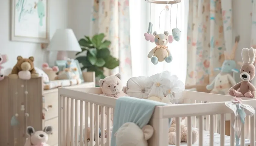 Lit de bébé rempli de peluches, avec mobile ours au-dessus. L'orientation du lit bébé pour bien dormir est suggérée par la douceur de la pièce.