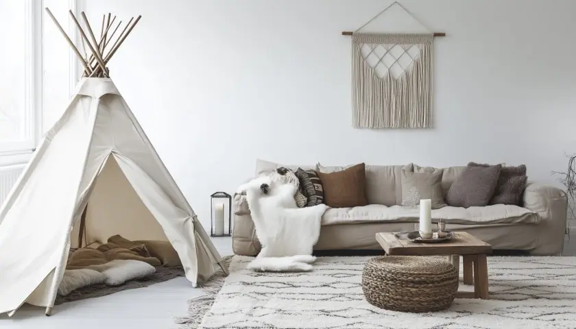 Un coin jeux dans un petit salon avec une tente tipi, un canapé confortable et un tapis douillet. Une idée parfaite pour un espace enfant cosy.