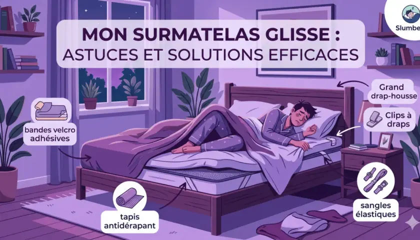 Un homme dort paisiblement, mais son surmatelas glisse sur le sommier. L'image montre des solutions pour éviter ce problème : tapis antidérapant, bandes velcro, sangles élastiques.