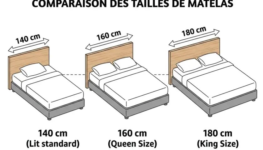 Comparaison de tailles de lits deux places : 140 cm (standard), 160 cm (Queen Size) et 180 cm (King Size).