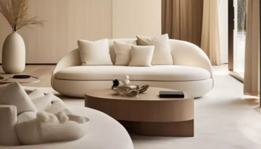 Un salon japandi épuré avec un canapé blanc incurvé, une table basse en bois et des touches de décoration naturelle.