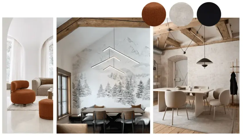 Ambiance chalet chic : fauteuils bouclette, papier peint montagne, et luminaires design.