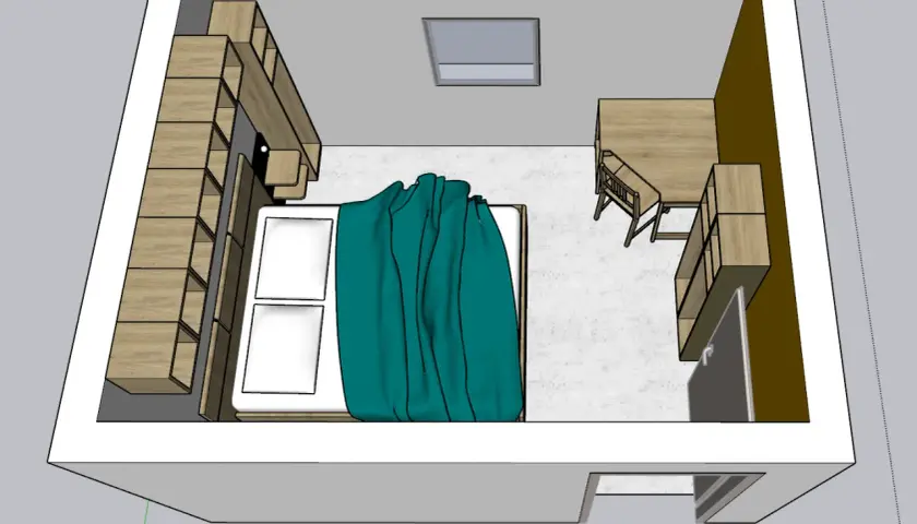 Aménagement d'une chambre 10m2 avec lit, bureau, étagères murales et fenêtre de toit.