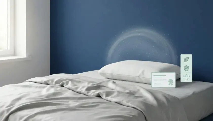 Un oreiller mémoire de forme, symbole de confort, peut présenter un danger s'il n'est pas bien aéré. Icônes de certification et de ventilation.