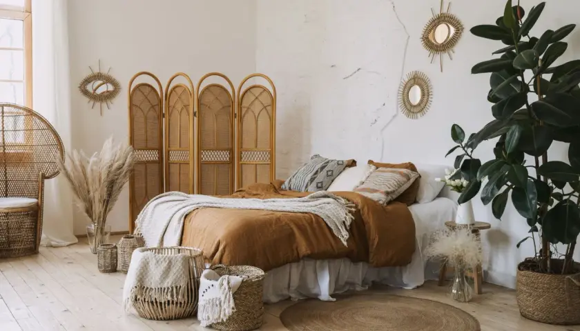 Une chambre d'amis cosy avec un lit douillet, des paniers en osier, des miroirs soleil et une plante verte luxuriante.