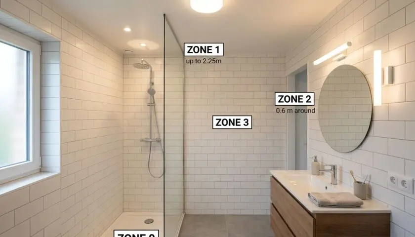 Salle de bain moderne avec douche, lavabo et miroir. Zones de sécurité électrique pour l'installation d'un ip pour salle de bain.