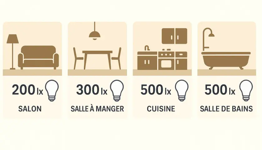 Tableau lumen : salon (200 lx), salle à manger (300 lx), cuisine (500 lx), salle de bains (500 lx).
