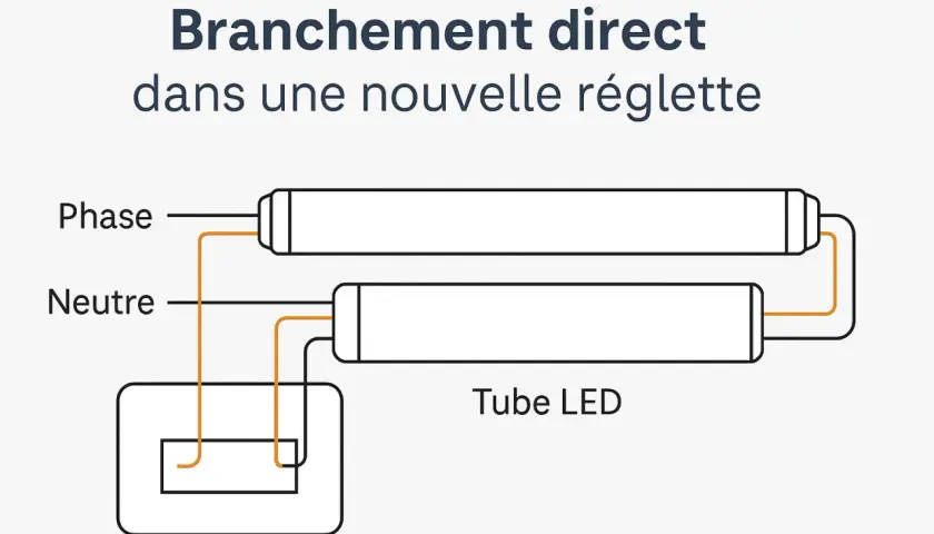 Schéma de branchement direct d'un tube LED dans une nouvelle réglette, montrant la connexion de la phase et du neutre.