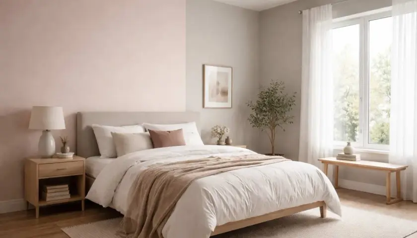 Douce deco chambre rose poudré et blanc, avec un lit confortable, une table de chevet en bois et une grande fenêtre lumineuse.
