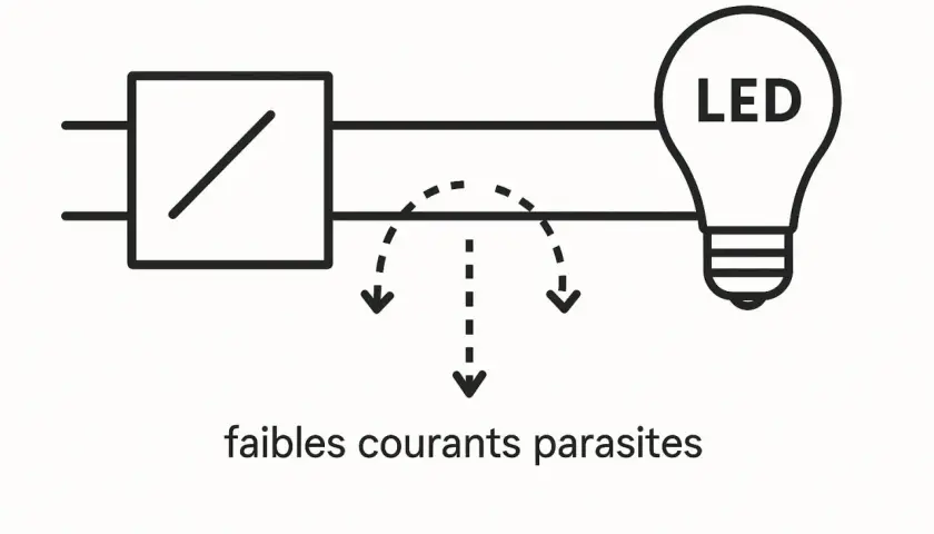 Schéma montrant le remplacement d'un tube halogène par une LED, avec des flèches indiquant de faibles courants parasites.