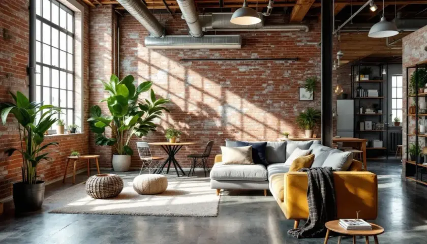 Un salon cosy où l'ambiance industrielle et naturelle se marient. Briques apparentes, grandes plantes vertes et mobilier confortable créent un espace chaleureux.