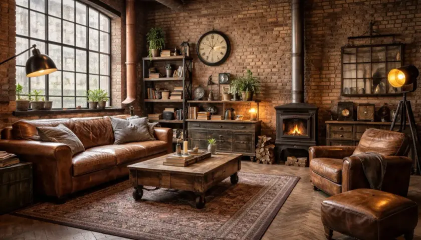 Un salon chaleureux avec canapé en cuir marron, table basse en bois, poêle à bois et une belle **idée déco industriel** avec murs en briques.