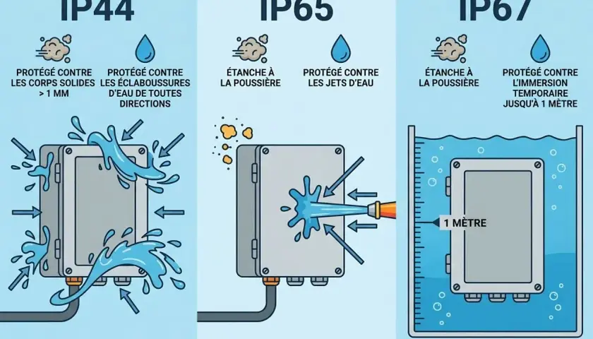 Comparaison des indices de protection : IP44 (éclaboussures), IP65 (jets d'eau) et IP67 (immersion jusqu'à 1 mètre).