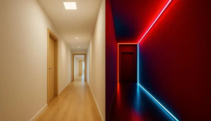 Un couloir long et étroit, divisé en deux. D'un côté, un éclairage doux et naturel. De l'autre, un éclairage néon rouge et bleu, créant une ambiance futuriste.