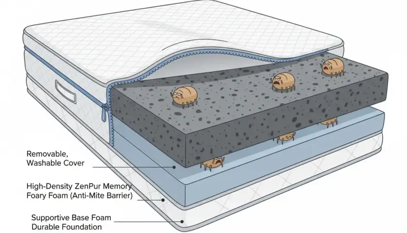 Coupe d'un matelas montrant des acariens, cause fréquente d'allergie matelas. La mousse à mémoire de forme haute densité agit comme une barrière anti-acariens.