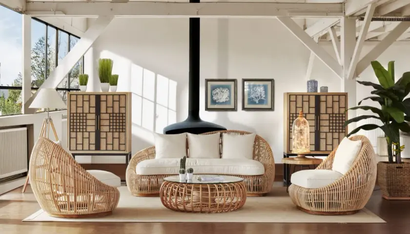 Ambiance cosy avec cette idée déco salon rotin : fauteuils enveloppants, canapé, table basse et meubles de rangement en rotin naturel.