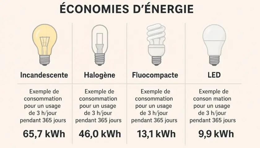 Comparaison de la consommation d'énergie des ampoules : l'ampoule LED est la plus économique, consommant seulement 9,9 kWh par an.