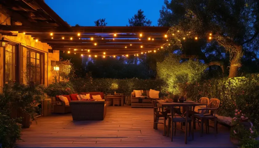 Une terrasse de rêve illuminée par des guirlandes lumineuses. Une belle idée éclairage terrasse pour des soirées conviviales.