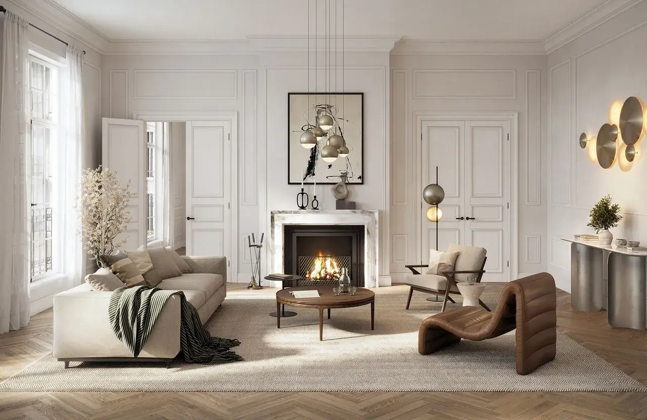 Un salon élégant à l'**intérieur art déco**, avec un canapé confortable, une cheminée chaleureuse et des luminaires design.